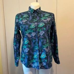 Lands End Womens No Iron Supima Button Front Blouse Green Blue Paisley 10